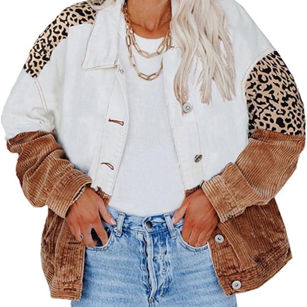 Leopard Print Corduroy & Denim Jacket Size M